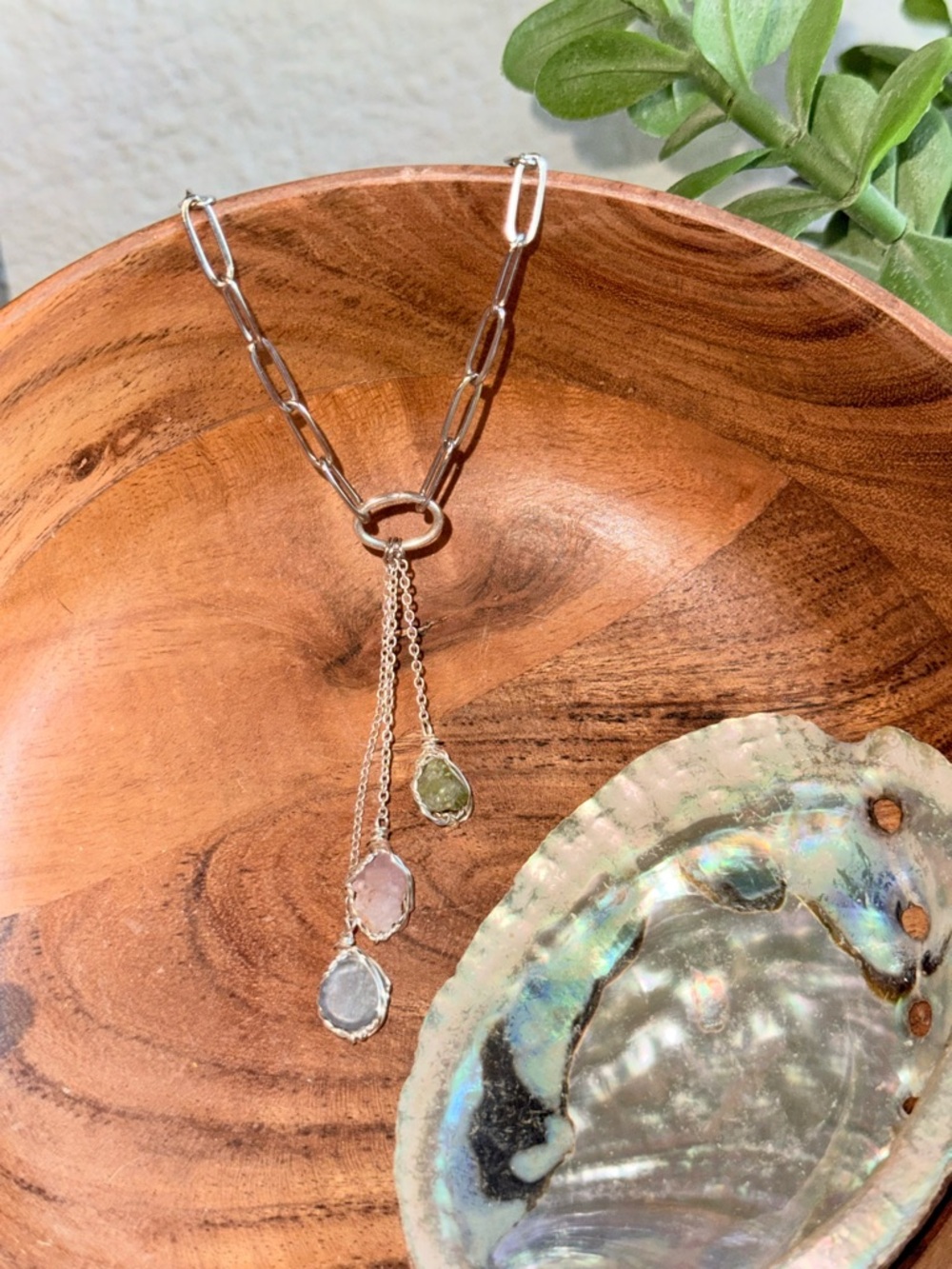 Silver paperclip Multi-Gem Drop Necklace with Pink, Green, and blue Stones